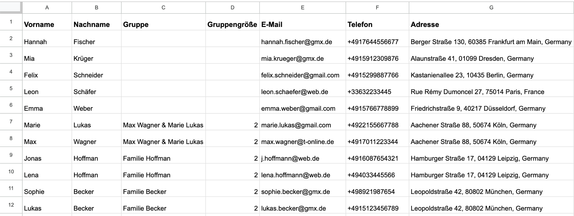 Exportierte Gästeliste als Tabelle mit Namen, Adressen und Telefonnummern